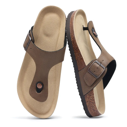 Women's Cork Sandals Leather Flat Mules with Arch Support