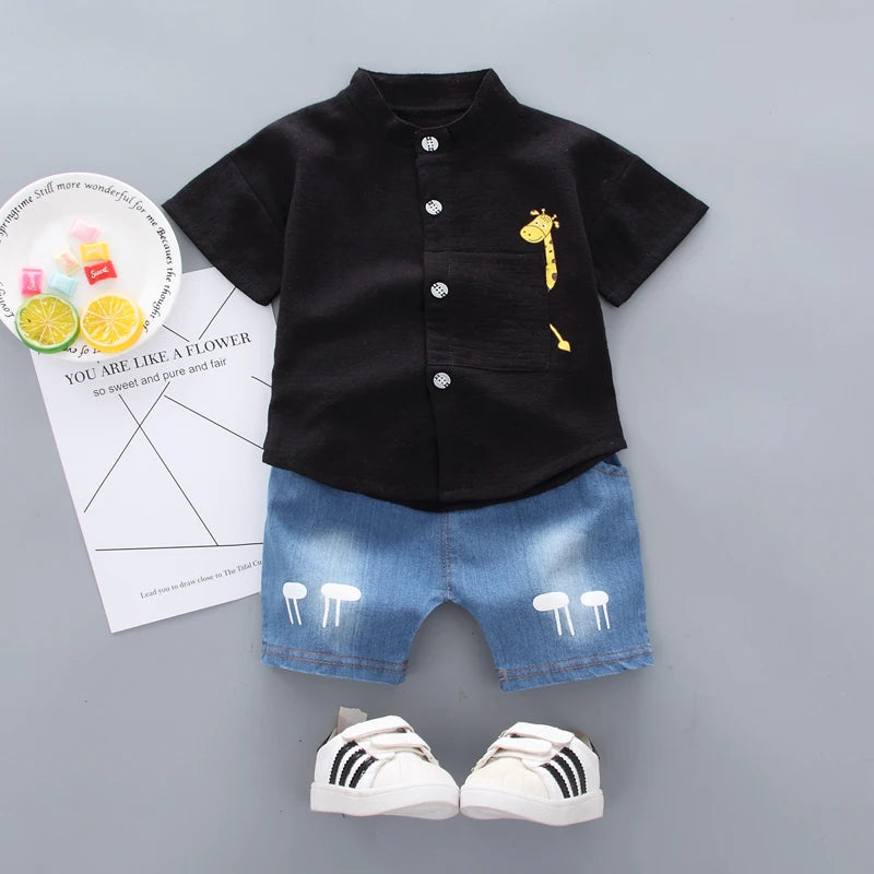Baby Boys Summer Outfit Set – Cartoon Shirt & Denim Short