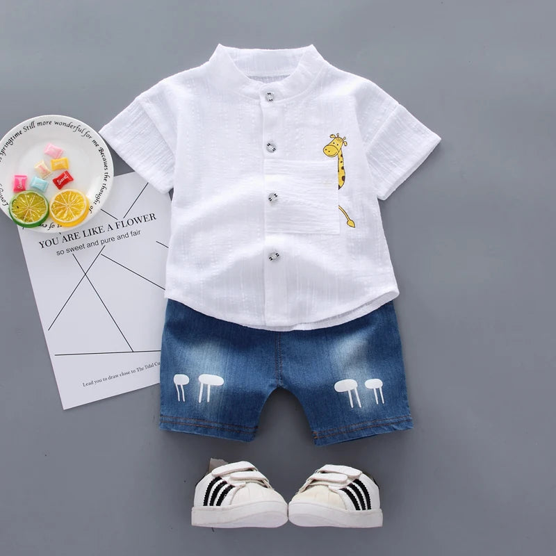Baby Boys Summer Outfit Set – Cartoon Shirt & Denim Short