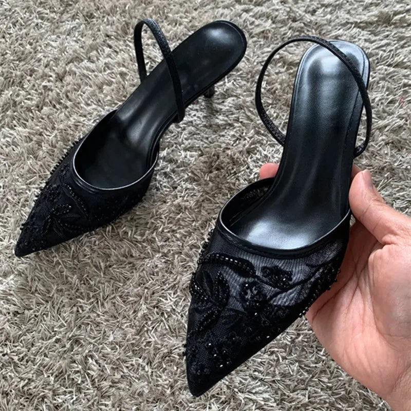 Black Mesh Embroidery Heels – Pointed Toe Elegant Women Pumps