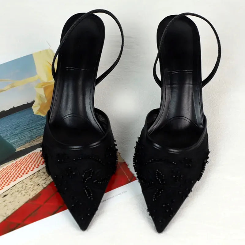 Black Mesh Embroidery Heels – Pointed Toe Elegant Women Pumps